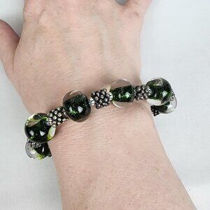 Silver Tone Green Glass Beaded Bracelet